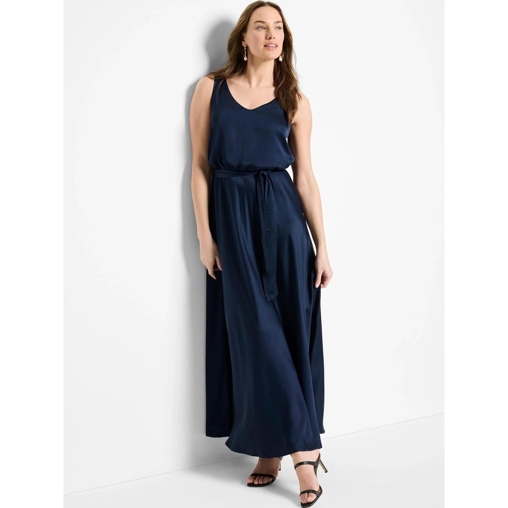 NIC+ZOE Bianca Dress Women Small Navy Blue V-Neck Sleeveless Maxi Satin Hoco